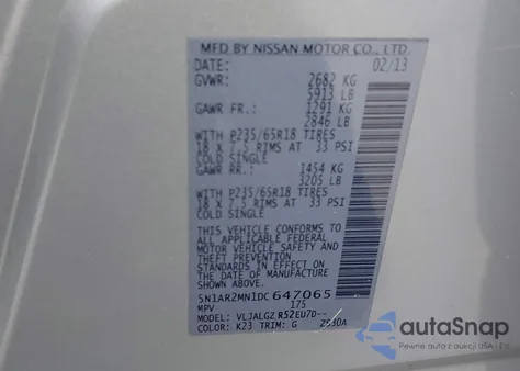 2013 Nissan Pathfinder Sl z USA, uszkodzony, nr VIN 5N1AR2MN1DC647065